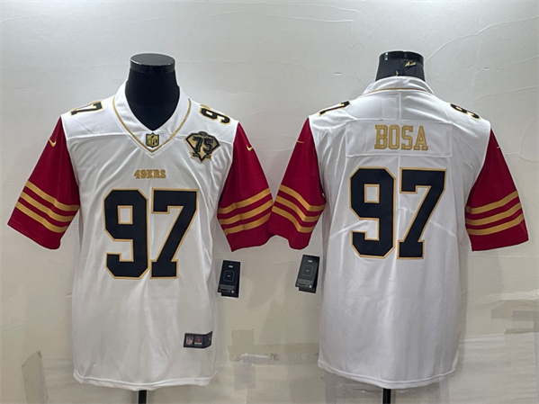Men's San Francisco 49ers #97 Nick Bosa White Gold With 75th Anniversary Patch Stitched Jersey